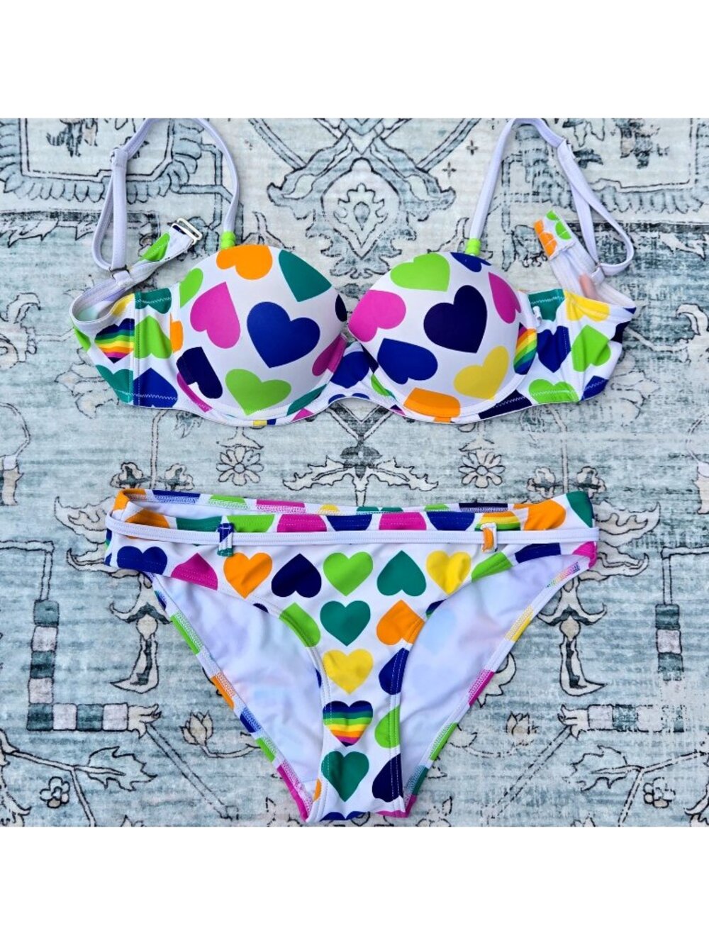 Y2K Bikini Underwire Push Up Low Rise White Colorful Heart Print Top L Bottom S